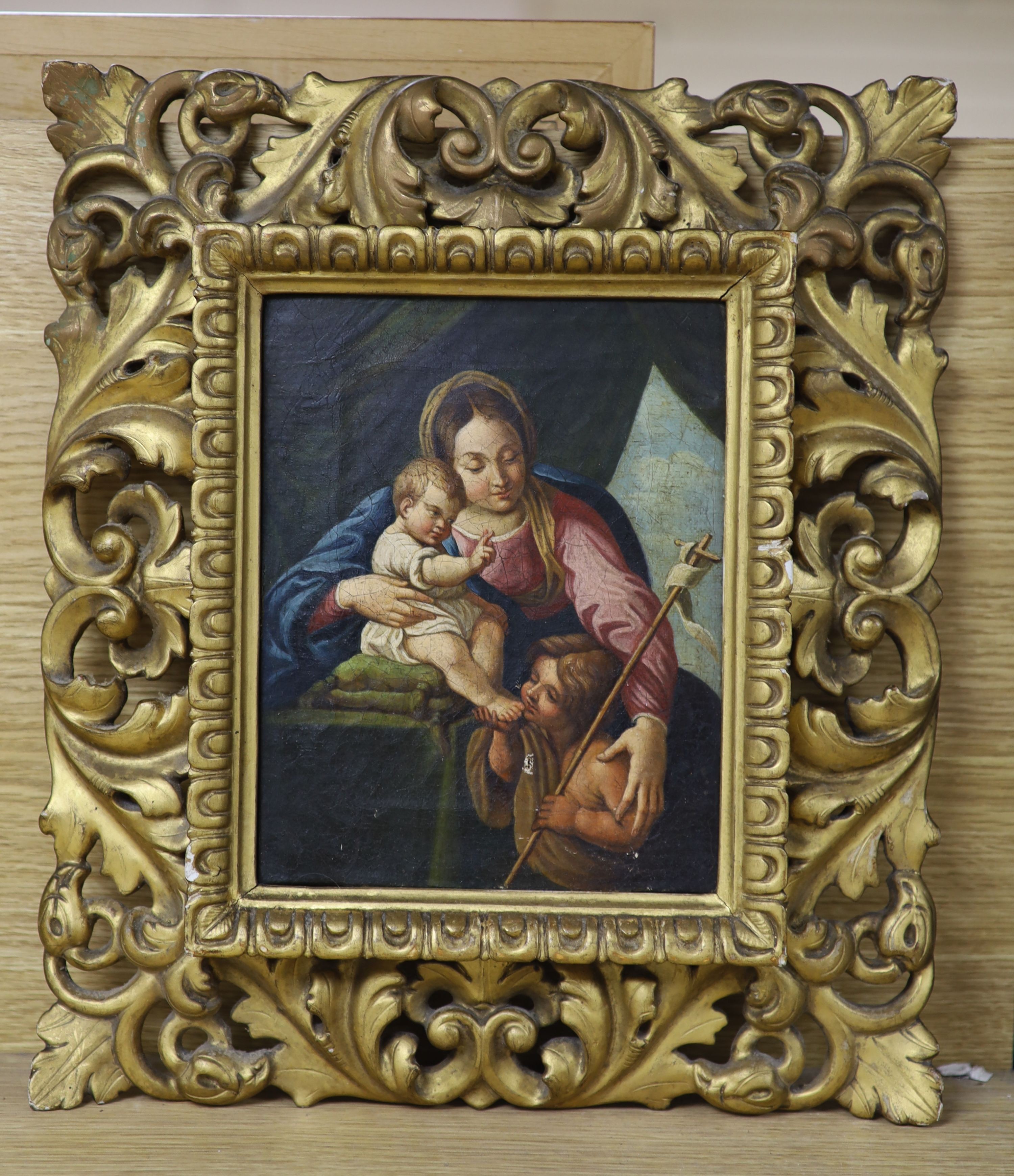 19th century Italian School, oil on canvas, Virgin and child with St John The Baptist, 20 x 16cm, Florentine framed